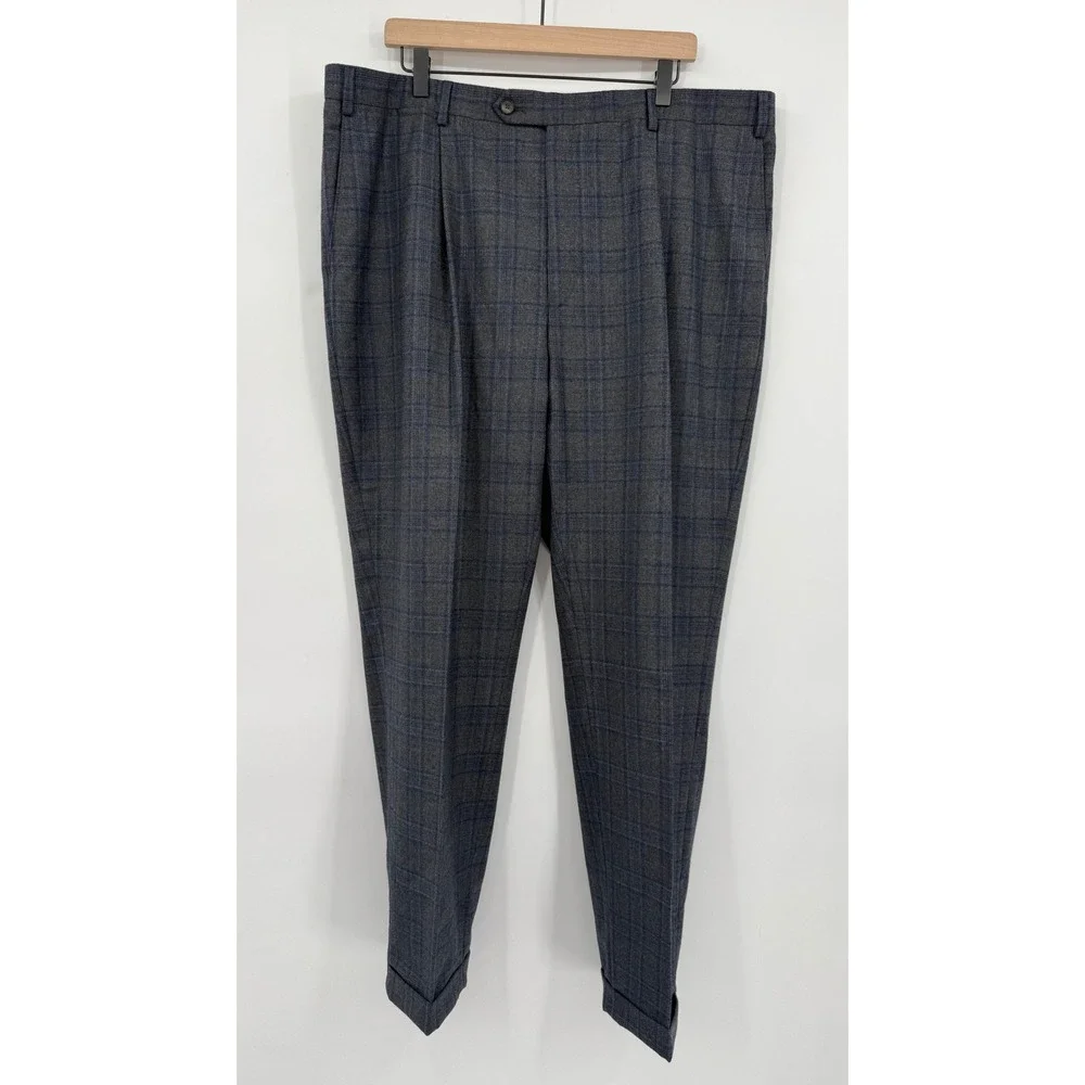 Hart Schaffner‎ Marx Dress Pants Mens 42R Gray Blue Plaid Pleated Cuffed Wool